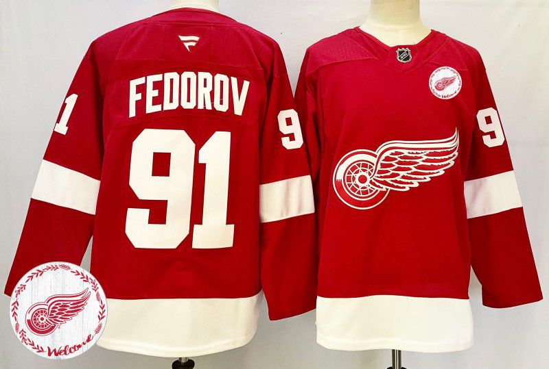 Men Detroit Red Wings #91 Fedorov Red Fanatics 2025 NHL Jersey style 2